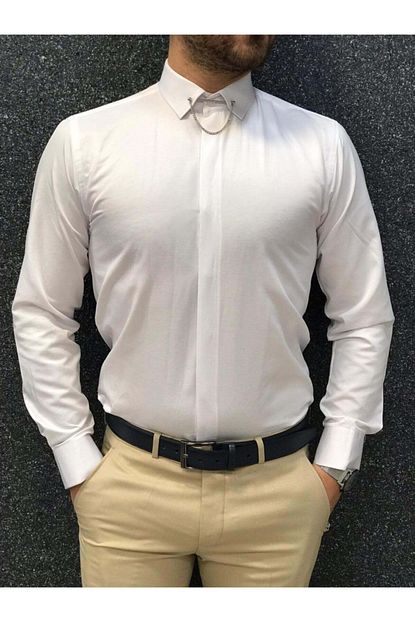 Parez Erkek Beyaz Slim Fit Igne Yakali Gomlek Trendyol