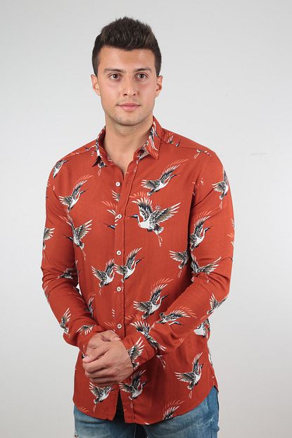 Gulf Bird Erkek Turuncu Kus Desenli Gomlek Slim Fit Trendyol
