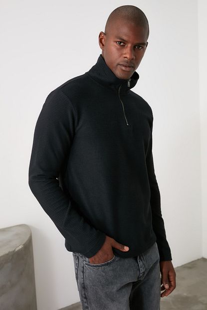 Trendyol Man Siyah Erkek Dokulu Fermuarli Polo Yaka Regular Sweatshirt Tmnaw21sw0674 Trendyol