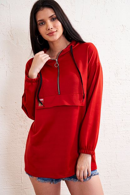 Eka Kadin Kirmizi Kanguru Cepli Fermuarli Uzun Sweatshirt Trendyol