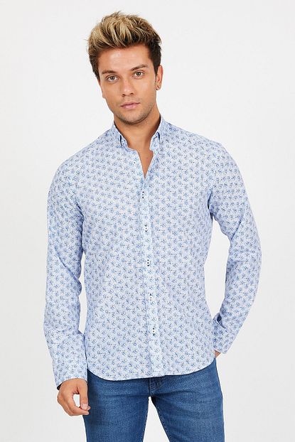 Trendx Moda Erkek Beyaz Mavi Slim Fit Cicekli Gomlek Smcgsfcic1001 Trendyol