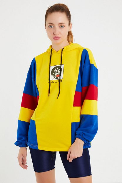 Oflee Kadin Sari Blok Renkli Baskili Kapusonlu Oversize Sweatshirt Trendyol