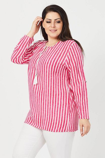 Trendx Moda Kadin Kirmizi Beyaz Buyuk Beden Cizgili Ipli Bluz Trendyol