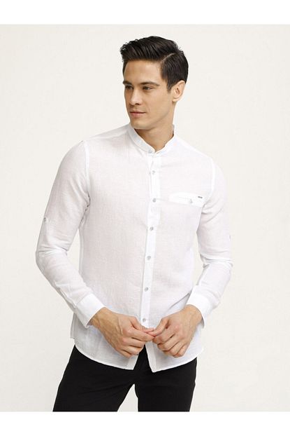 Mcl Erkek Beyaz Hakim Yaka Keten Slim Fit Buyuk Beden Gomlek Trendyol