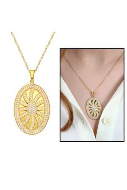 Karaca Butik Kadin Sari Beyaz Zirkon Tasli Gunes Tasarim Oval 925 Ayar Gumus Kolye Trendyol