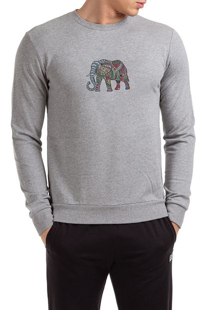 Collage Mandala Cizim Asya Fili Boyama Baskili Gri Erkek Orme Sweatshirt Uzun Kol Trendyol