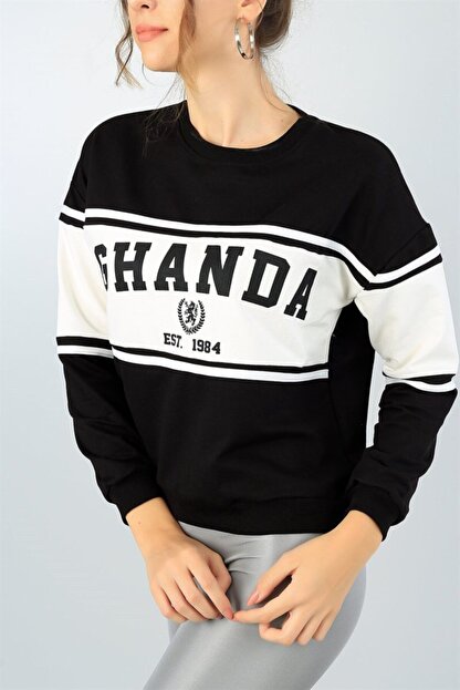 Lovebox Siyah Baskili Likrali Sweatshirt Trendyol