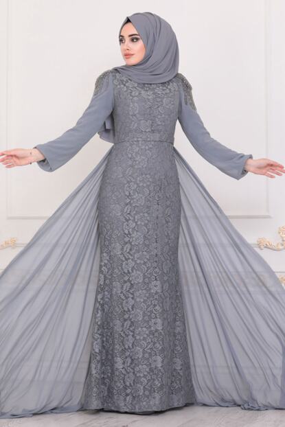 Neva Style Tesetturlu Abiye Elbise Dantel Islemeli Gri Tesettur Abiye Elbise 40280gr Trendyol