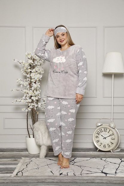Shopshop Kadin Gri Bulut Baskili Buyuk Beden Polar Pijama Takimi Trendyol
