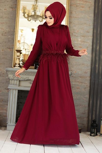 Neva Style Kadin Bordo Puskullu Tesettur Abiye Elbise 40171br Trendyol