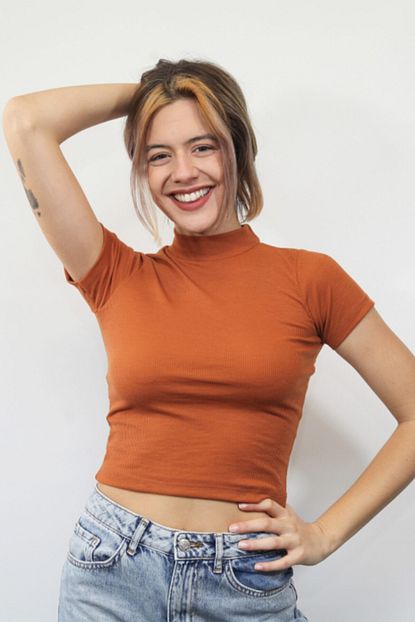 Rosse Butik Kadin Kiremit Rengi Bogazli Crop Top T Shirt Trendyol