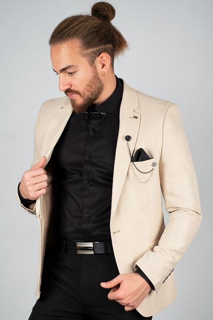 Deepsea Erkek Bej Kendinden Desenli Slim Fit Ceket 2002123 Trendyol