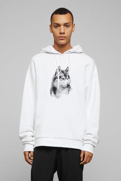 qivi wolf kurt sibirya kopek karakalem cizim baskili beyaz erkek orme kapsonlu sweatshirt uzun kol fiyati yorumlari trendyol