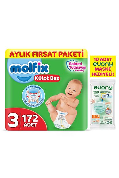 molfix kulot bez 3 beden midi aylik firsat paketi 172 adet evony maske 10 lu hediyeli fiyati yorumlari trendyol