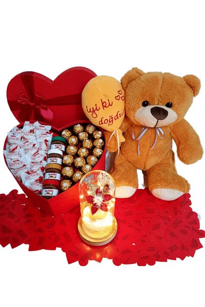 1001hediye Dogum Gunu Hediyesi Nutella Rocher Cikolata Isikli Gul Fanus Iyiki Dogdun Ayicik Trendyol
