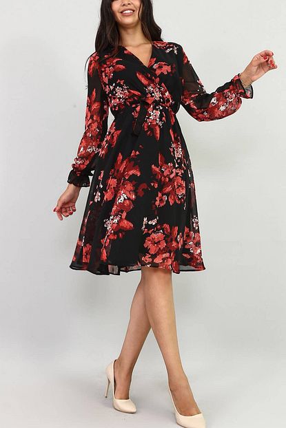 Elbise Delisi Kadin Siyah Cicekli Kruvaze Yaka Sifon Elbise 100 Cm Trendyol