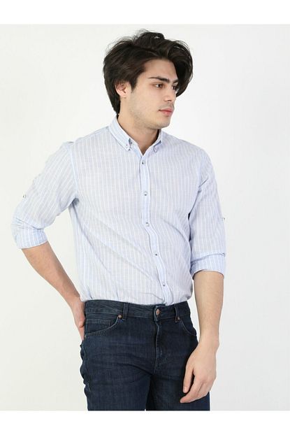Colin S Regular Fit Uzun Kol V Yaka Mavi Erkek Gomlek Uzun Kol Trendyol