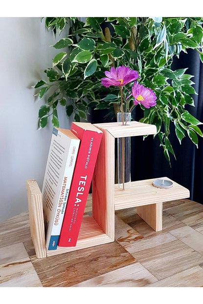 Sevilircompany Ahsap Tup Vazolu Dekoratif Kitaplik Kitap Tutucu Trendyol