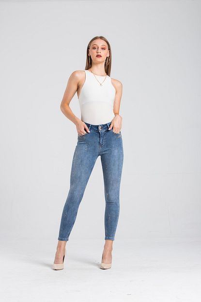 Lacarino Yuksek Bel Jeans Tas Detayli Skinny Fit Mavi Kot 5711 Trendyol