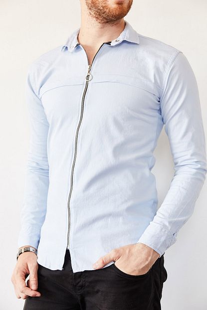 Xhan Erkek Mavi Fermuarli Slim Fit Gomlek 0yxe2 44038 12 Trendyol
