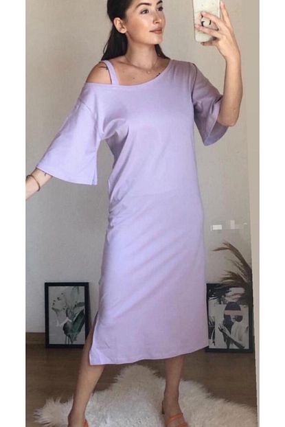 Deli Dolu Moda Viskon Kumas Salas Penye Uzun Lila Yirtmacli Tek Omuz Aski Detayli Elbise Trendyol