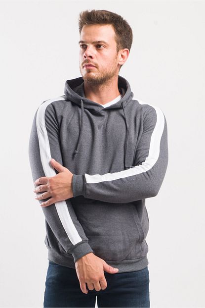 Caddecity Erkek Gri Kapsonlu Kanguru Cepli Kol Detayli Sweatshirt Trendyol