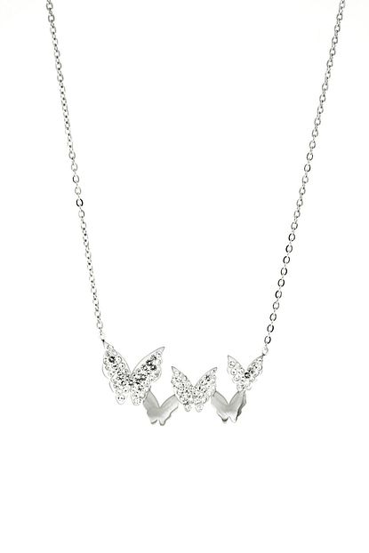 Takizamani Besli Kelebek Uclu Beyaz Swarovski Tasli Celik Kolye Gumus Rengi Trendyol