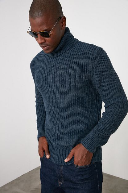 Trendyol Man Saks Erkek Balikci Yaka Triko Kazak Tmnaw21kz0393 Trendyol