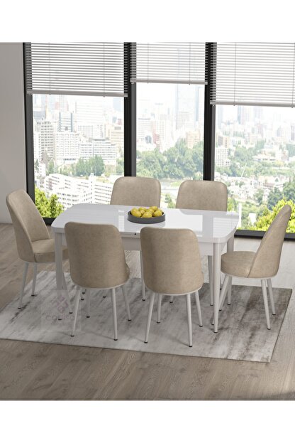 Canisa Concept Via Serisi Beyaz Acilabilir Mutfak Masasi Takimi 6 Adet Krem Sandalye Trendyol