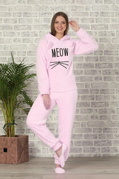 Pijamaevi Toz Pembe Meow Desenli Tam Pelus Pijama Takimi Trendyol