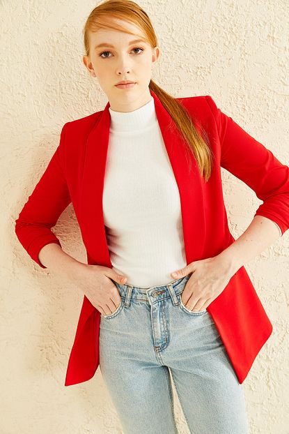 New Now Kadin Kirmizi Kolu Katli Blazer Ceket 21knw3020 Trendyol