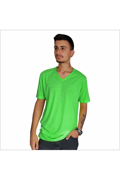 Titiz Baski Unisex Yesil Fosforlu V Yaka T Shirt Trendyol