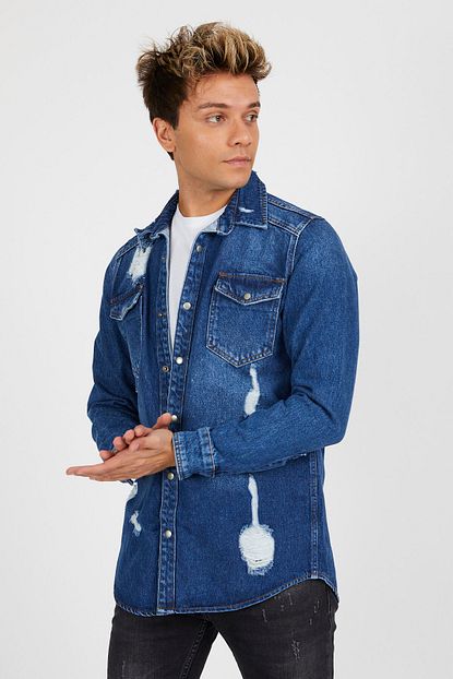 Denim Republic Erkek Mavi Yirtik Oversize Kot Gomlek Trendyol