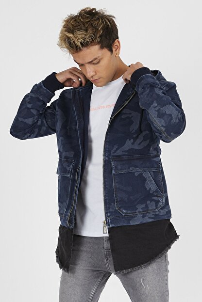 Denim Republic Erkek Lacivert Fermuarli Kapusonlu Uzun Kot Ceket Trendyol