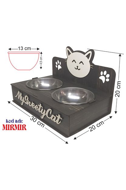 No Name Mirmir Kedi Figurlu Pati Desenli Celik Kaseli Ahsap Kedi Mama Ve Su Kabi Trendyol