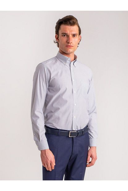 Dufy Beyaz Lacivert Cizgili Pamuklu Erkek Gomlek Slim Fit Trendyol