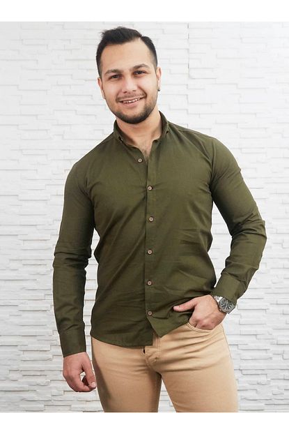 Vip Lokal Erkek Haki Keten Slim Fit Gomlek Trendyol