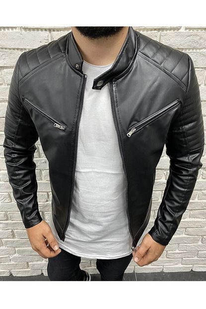 Jokercollection Erkek Siyah Kol Ve Omuz Detayli Deri Mont Trendyol