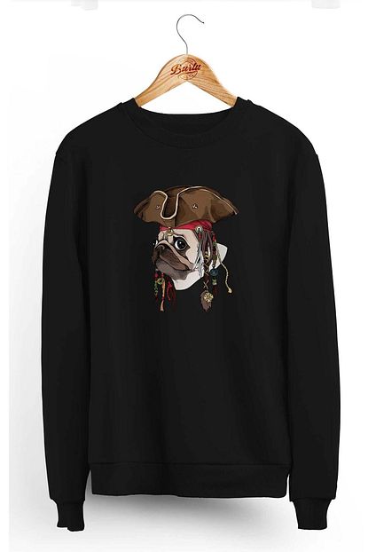 Burlu Unisex Siyah Karayip Korsani Kopek Desenli Uc Iplik Sweatshirt Trendyol