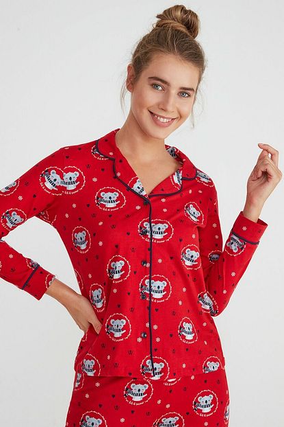 Suwen Koalina Maskulen Pijama Takimi Kirmizi Baskili Trendyol