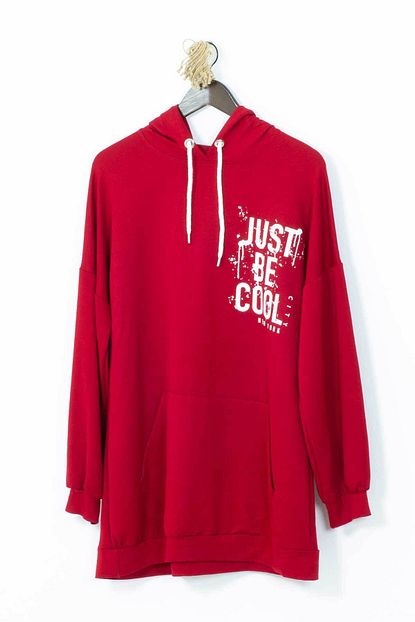 Belissa Kadin Kirmizi Moda Kanguru Cep Uzun Sweat Trendyol