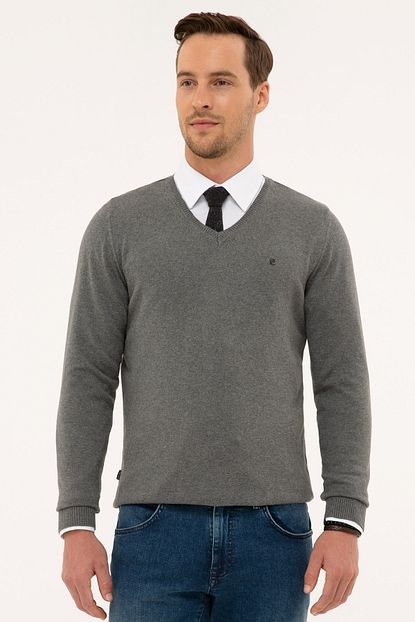 Pierre Cardin Erkek Gri Melanj Slim Fit V Yaka Basic Triko Kazak Trendyol