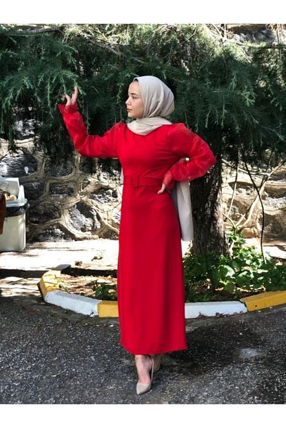 Abay Kadin Kirmizi Organze Kol Tul Tesettur Elbise Trendyol