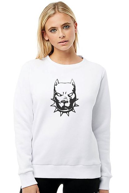 kadin beyaz amerikan pit bull terrier bulldog yavrusu baskili orme sweatshirt uzun kol