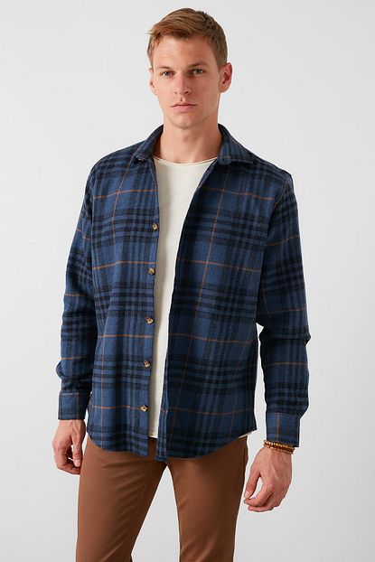 Buratti Erkek Indigo Ekoseli Uzun Kollu Slim Fit Kislik Gomlek Trendyol