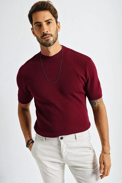 Chuba Erkek Bordo Bisiklet Yaka Fitilli Kisa Kollu Ince Triko Kazak 21w301 Trendyol