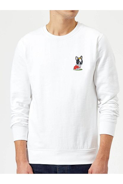 Collage Bulldog Kopek Baskili Beyaz Erkek Orme Sweatshirt Uzun Kol Trendyol