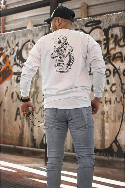 Modafethi Erkek Beyaz Arkasi Baskili Oversize Sweatshirt Trendyol