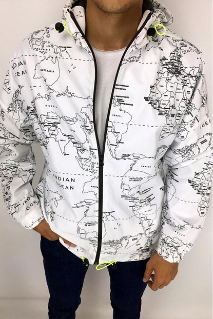 Mustafacinali Erkek Desenli Beyaz Oversize Yagmurluk Trendyol