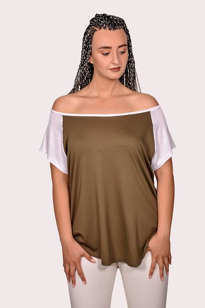 Modaonz Kadin Haki Renk Beyaz Konbinli Kayik Yaka Bluz Trendyol